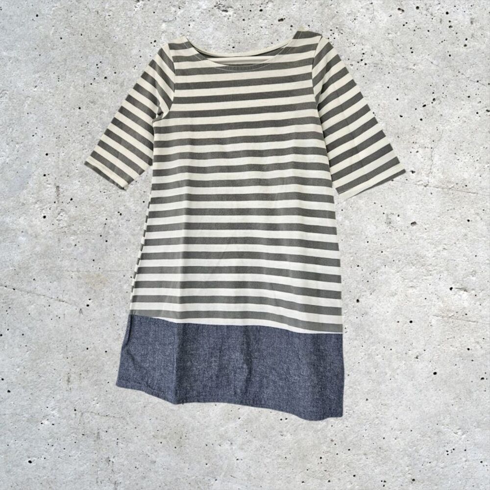 Faded Glory Girls 3/4 Sleeve Gray White Striped Denim Dress Size S